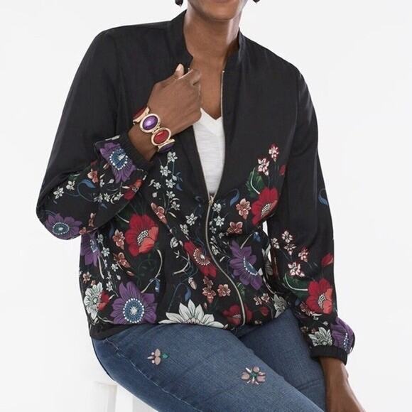 Chicos Reversible Bomber Jacket Womens 12/14 Black Floral Polka Dot Silky Zip Up - Picture 2 of 15